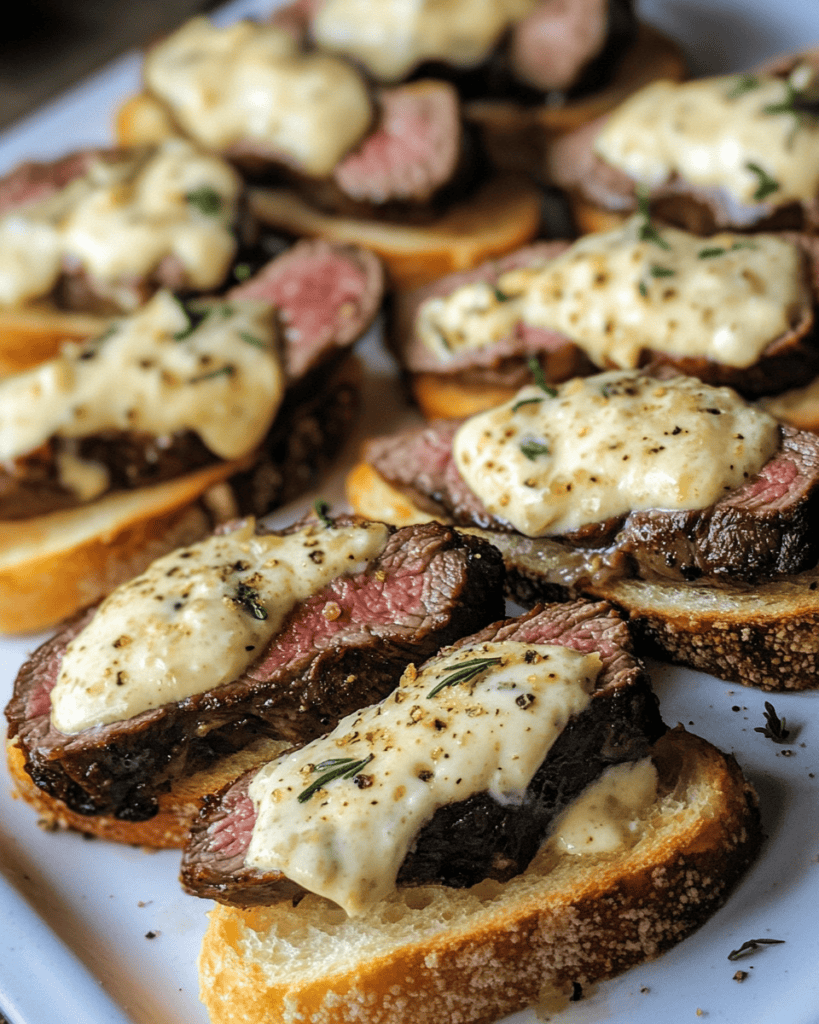 Beef Tenderloin Crostini with Parmesan Cream Sauce