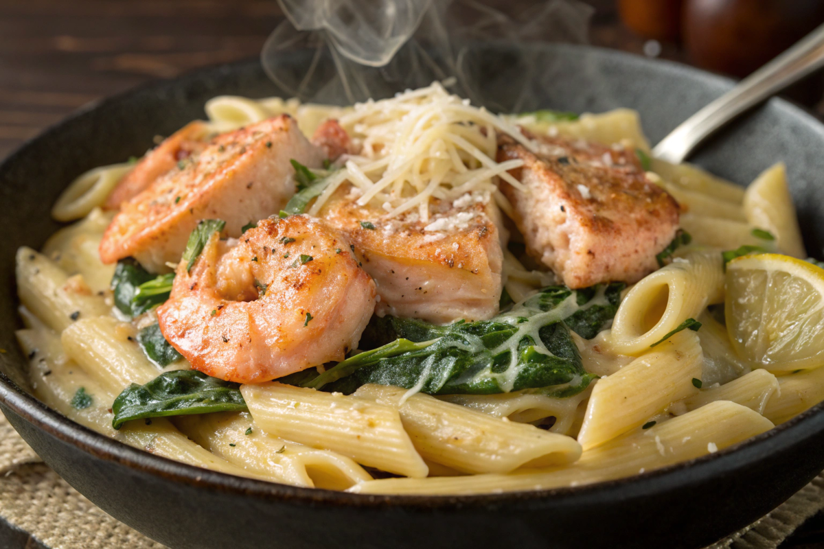 Salmon & Shrimp Penne in Garlic Spinach Sauce