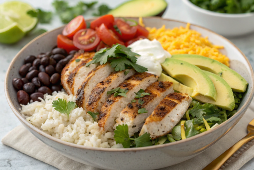 Grilled Chicken Burrito Bowls with Rice and Beans