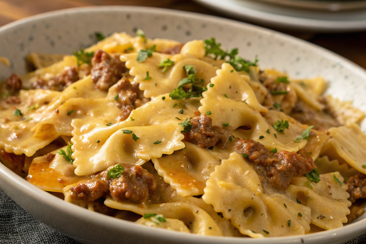 Cheesy Beef and Bowtie Pasta in Garlic Butter